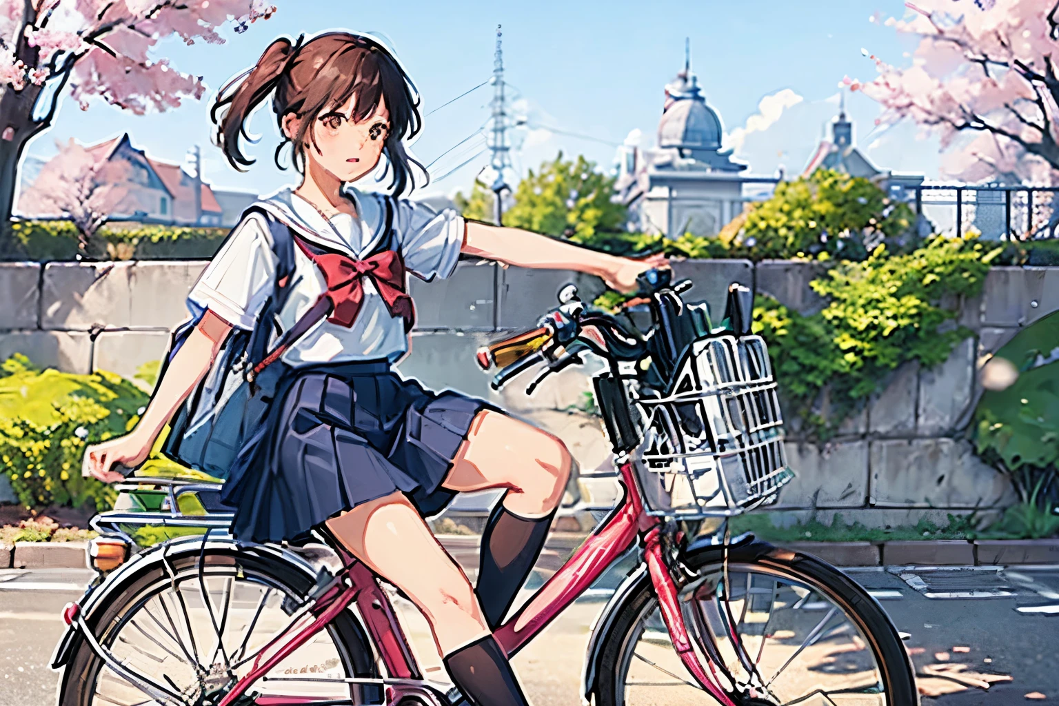 (masterpiece, highest quality:1.2), Reality、4K Anime Art、High school girl riding a bicycle, alone、whole body、Short Hair、White Sailor Suit，Long pleated skirt、Fluttering cherry blossoms, Pastel colored school building background, Pannier basket filled with textbooks and lunch boxes, The pleated skirt flutters, Pigtail ribbons hanging down, Dynamic shadows projected on the ground, When going over small bumps, the front wheel lifts slightly as if catching air., Soft focus background, An eclectic mix of vibrant and pastel colors, Unique manga line art, The sunlight adds a magical glow, Dramatic angle