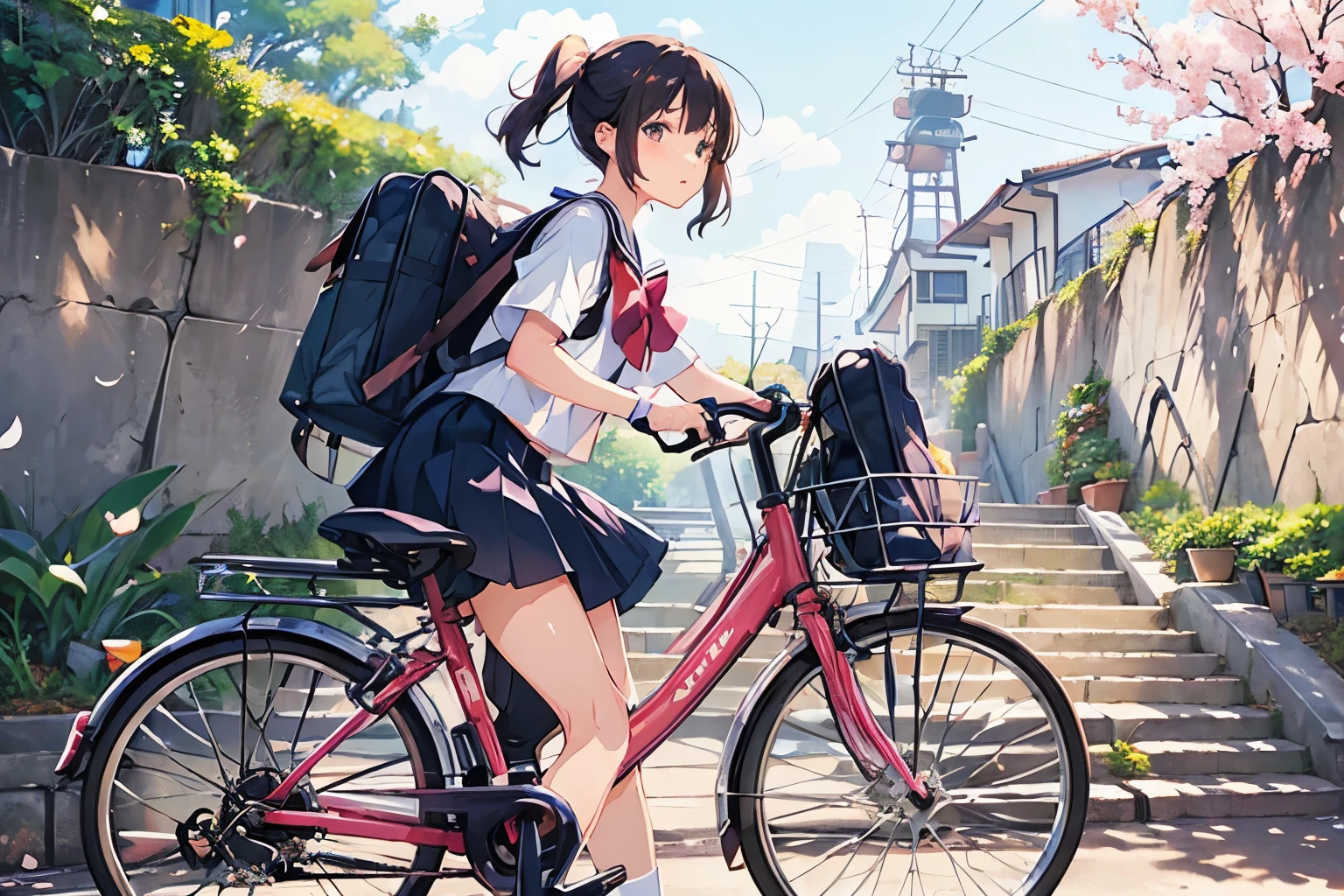 (masterpiece, highest quality:1.2), Reality、4K Anime Art、High school girl riding a bicycle, alone、whole body、Short Hair、White Sailor Suit，Long pleated skirt、Fluttering cherry blossoms, Pastel colored school building background, Pannier basket filled with textbooks and lunch boxes, The pleated skirt flutters, Pigtail ribbons hanging down, Dynamic shadows projected on the ground, When going over small bumps, the front wheel lifts slightly as if catching air., Soft focus background, An eclectic mix of vibrant and pastel colors, Unique manga line art, The sunlight adds a magical glow, Dramatic angle