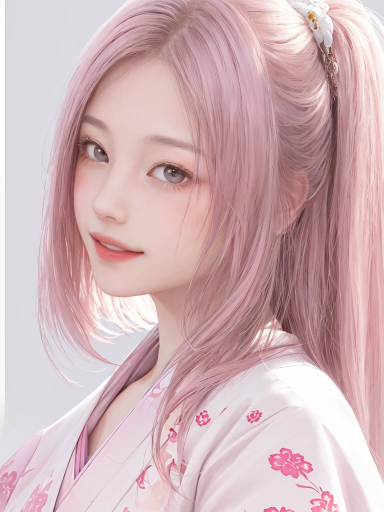 1 beautiful girl、A little smile、１By people、Realistic、lips、Tabletop、highest quality、Skin Texture、White Background、Small breasts、Twelve-layered kimono、Gentle pale pink　The beauty of layered colors、Glitter、Long Hair、Beautiful memories、White Tone、Warm Light
