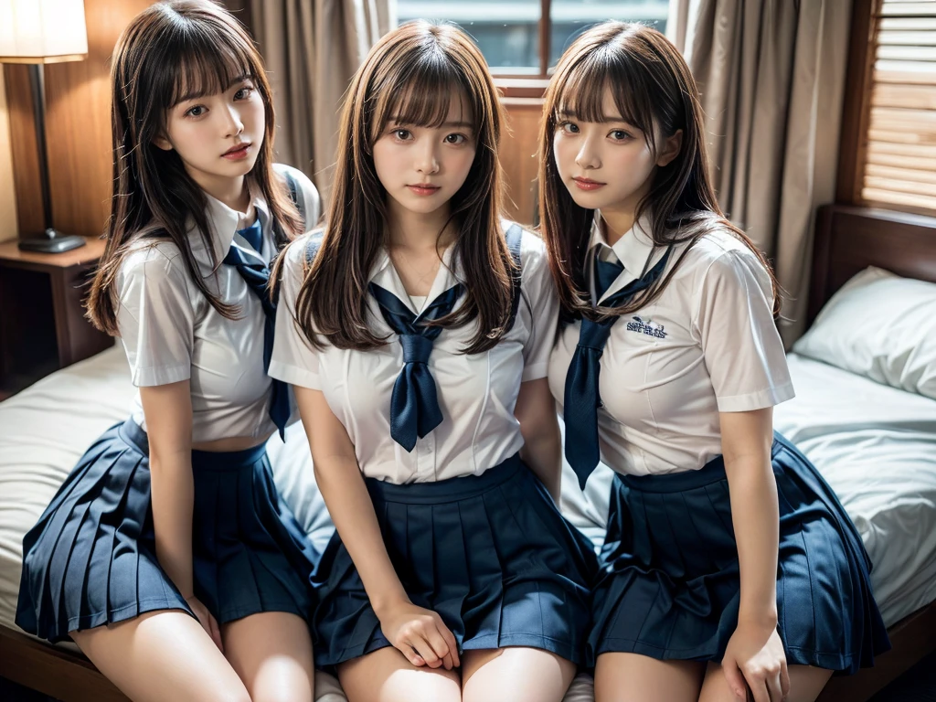 (RAW photo, 4k, masterpiece, high resolution, extremely complex) (realistic: 1.4), cinematic lighting
 ((2 girls, 2 schoolgirls)),Slam Dunk's,blushing,((innocent)),(Dark makeup),bright eyes,round eyes,blunt bangs,(straight hair:1.3),black hair,large breasts,wide hips,Summer Noon, 20 year old girl、cute type、lolita,Hot, (Best Quality), (Highres), (an Extremely Delicate and Beautiful),(Beautiful 8k face),(Brown eyes),short bob hair,( spectators),(gigantic breasts),(Play with each other,Touching each other's bodies,Touching the body),(Japanese high school uniform:1.3),blue skirt,(reality),bright lighting,(The background is a luxury hotel room)
