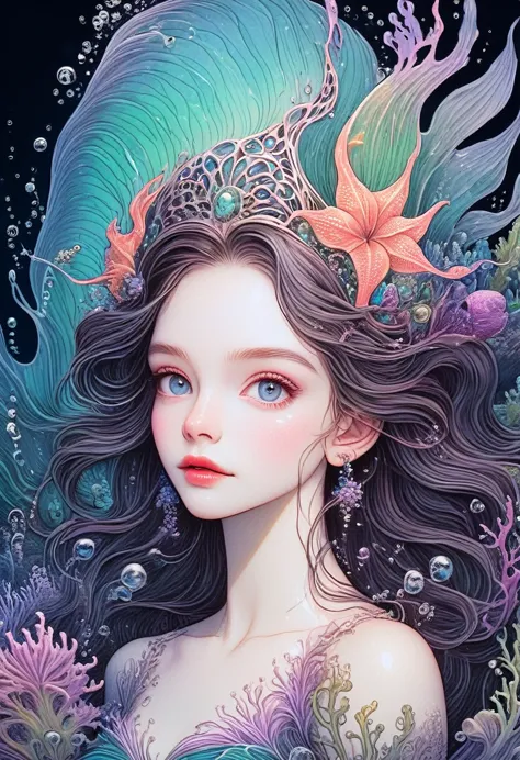 (zentangle, datura, fractal, enrejado), (surreal fractal art:1.3), (bioluminiscente mechanical mermaid princess:1.5), (highly de...