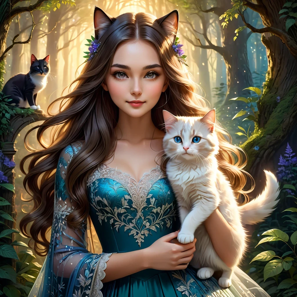 uma linda garota com um gato fofo, elegant dress, cabelo longo e esvoaçante, características faciais detalhadas, padrão de renda intrincado no vestido, iluminação quente, fundo de floresta de fantasia mágica, Altamente detalhado, 8K, fotorrealista, cores vibrantes, composição dramática