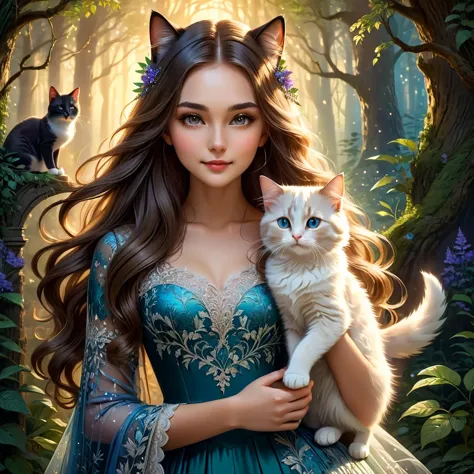A beautiful girl with a cute cat, elegant dress, long flowing hair, detailed facial features, intricate lace pattern on dress, w...
