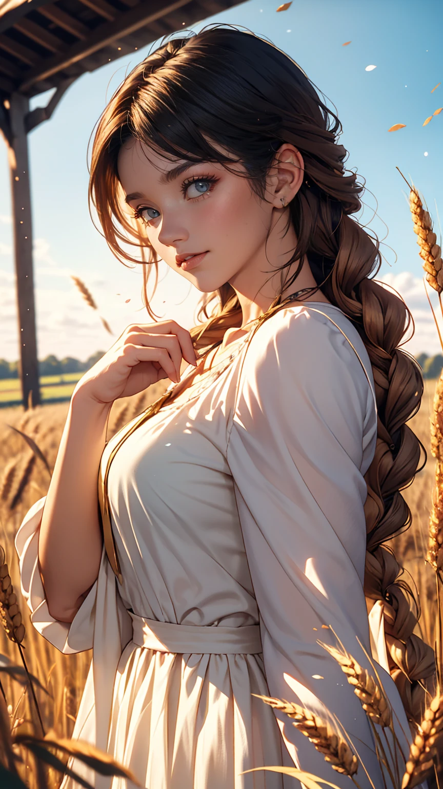 One girl, 20-year-old, Tall and attractive, Wearing a cute country dress, Braided hair, Standing on a rural farm. She's gentle, A kind smile and expressive eyes. A charming barn can be seen in the background., Golden wheat fields and clear blue skies. The composition should be bathed in warm golden hour light., The soft depth of field and soft bokeh accentuate the idyllic tranquility.. Capture images that look like they were shot on vintage 35mm film for added impact, movie,