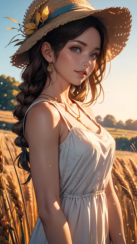 One girl, 20-year-old, Tall and attractive, Wearing a cute country dress, Braided hair, Standing on a rural farm. She's gentle, ...