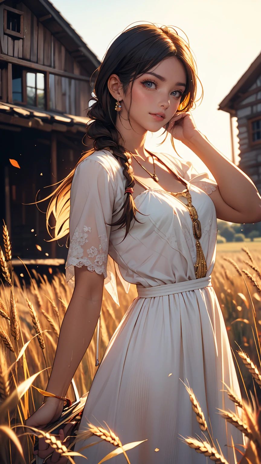 One girl, 20-year-old, Tall and attractive, Wearing a cute country dress, Braided hair, Standing on a rural farm. She's gentle, A kind smile and expressive eyes. A charming barn can be seen in the background., Golden wheat fields and clear blue skies. The composition should be bathed in warm golden hour light., The soft depth of field and soft bokeh accentuate the idyllic tranquility.. Capture images that look like they were shot on vintage 35mm film for added impact, movie,