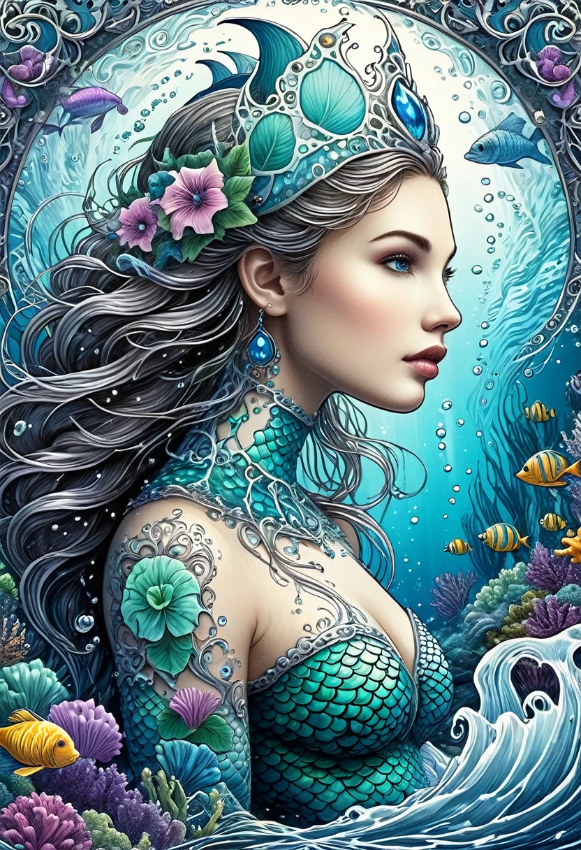 (zentangle, datura, fractal, enrejado), (surreal fractal art:1.3), (mechanical mermaid princess:1.5), (highly detailed, 8k, beautiful epic ocean scene with marine life), (photorealistic, cinematic lighting, dramatic, stunning composition), (breathtaking colors, vibrant, glowing), (otherworldly, ethereal, mystical), fondo del mar, burbujas, burbujas,rayos del sol penetrando en el agua