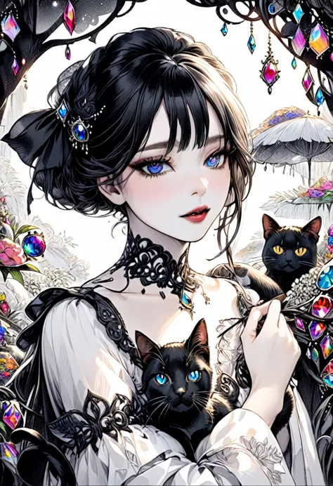 highest quality、masterpiece、Illustration in black and white only、Delicate、Detailed、Beautiful black cat、Jewel-like eyes、View here
