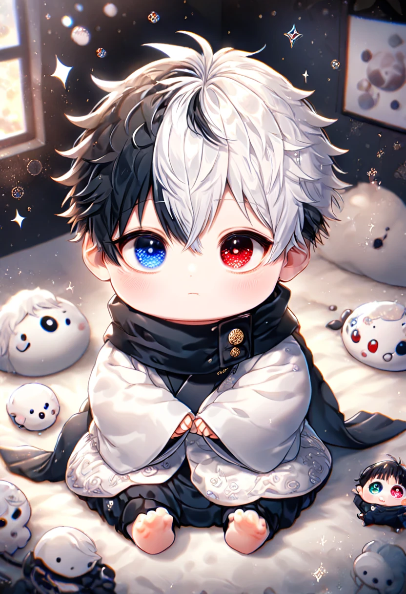 absurdres, highres, ultra detailed, HDR, master piece, best quality, extremely detailed face and eyes, Gojo Satoru as a baby, solo, cute, short hair with bangs, hair between the eyes, he has two different hair colour, bicolored hair, right half black hair, left half white hair, heterochromia, right eye red, left eye blue, white eyelashes, Jujutsu Kaisen, black scarf, white haori, black kimono, room, bed, sitting on the bed, pillows, sparkling, shining