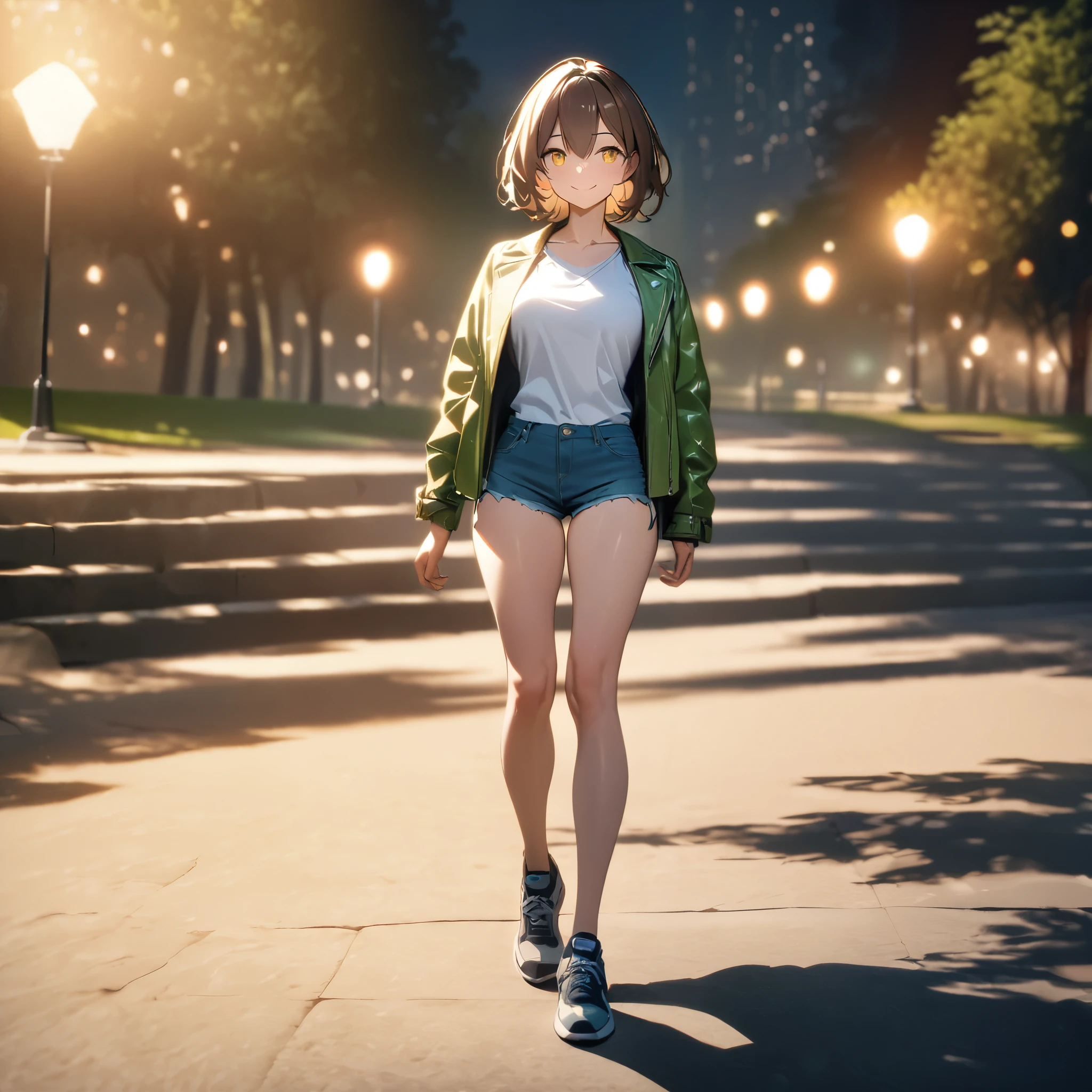 A woman wearing a light green leather jacket, wearing a tight white shirt, short denim shorts, wearing sports shoes, short brown hair, yellow eyes, smiling, walking in a park at night, with lighting in place, well-defined face, eyes perfect,full body.shadow, flower, UHD, masterpiece, accurate, anatomically correct, textured skin, super detail, high quality, best quality, 8k, high resolution, bokeh effect.( solo woman)
