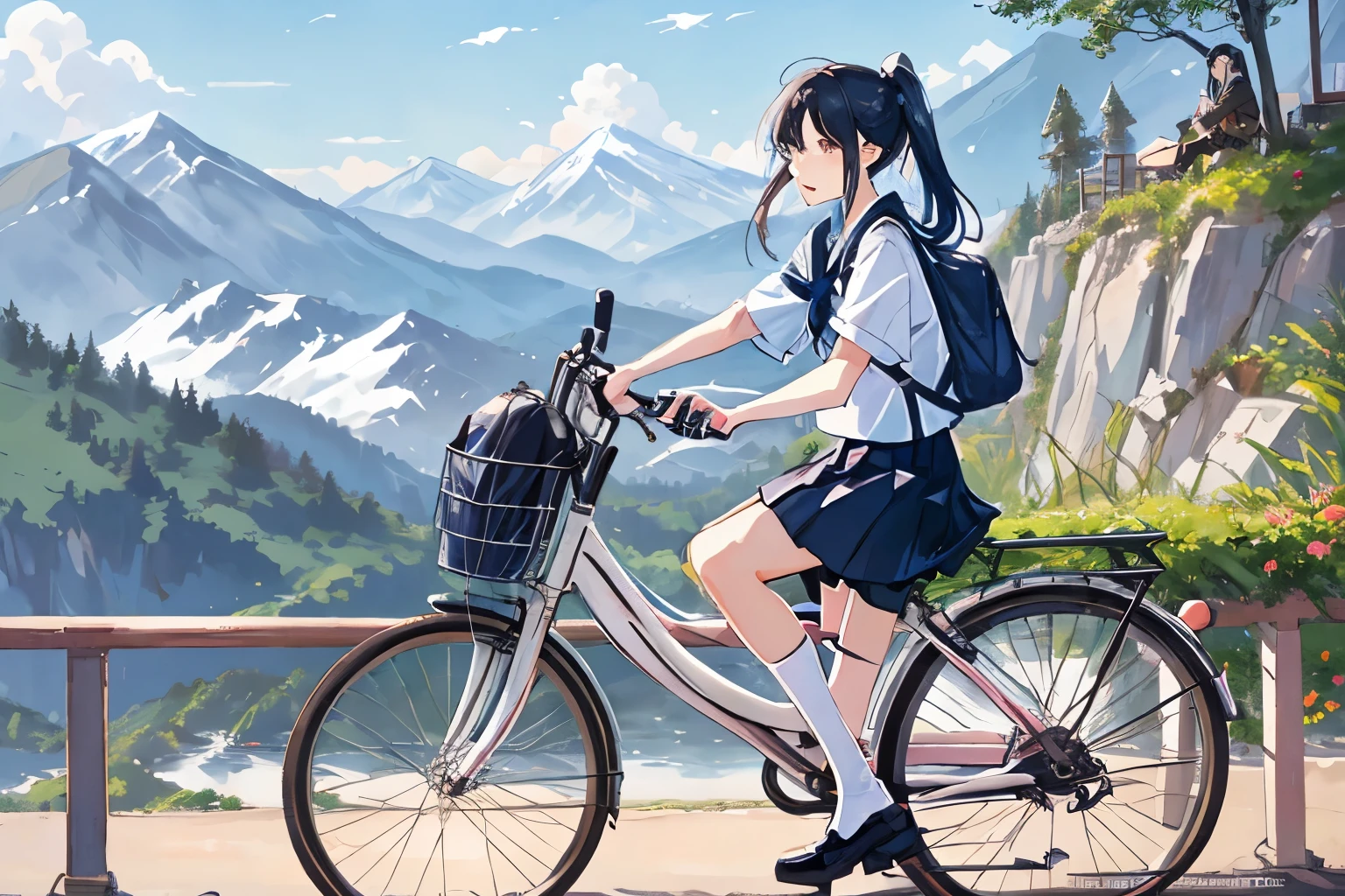 Anime girl riding a bicycle with a basket on the back - SeaArt AI