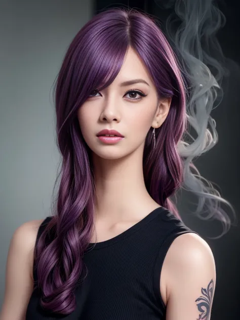 A woman with purple hair and tattoos on her arms, smoke surrounding her.