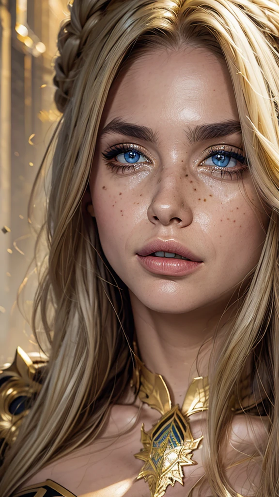 Incomparable masterpiece, Ultra-realistic CG (8k), perfect work of art, ((perfect female image)), mature woman, Thin waist, seductive, clean, (beautiful face), (extremely delicate and beautiful girl) , (8k), {{{masterpiece}} }, 1 girl, by rubio, blue eyes, Horse tail, jewelry, Lips, Lipstick, broad, make up, Lips, red Lips, simple background, Alone, Upper part of the body, (shiny skin),