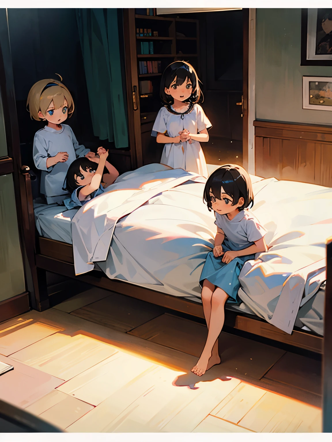 Anime scene of three children sitting on a bed with a bookcase - SeaArt AI