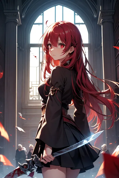 masterpiece, best quality, ultra-high quality cg, elijah i, 1 girl, solitary, red long hair, looking at the audience, skirt, wid...