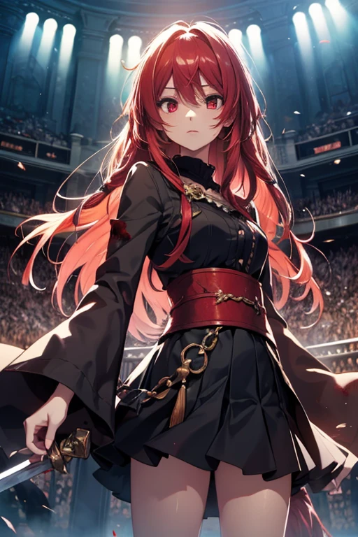 masterpiece, best quality, Ultra-high quality CG, Elijah I, 1 girl, Solitary, Red long hair, Looking at the audience, skirt, Wide sleeves, black skirt, Blood-red, wielding a sword, frenzy, blood, red eyes