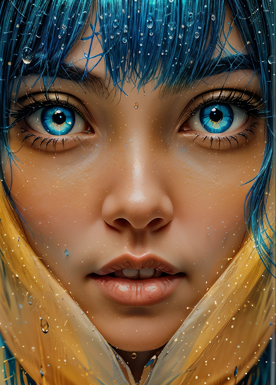 closeup realista, Ilustração de uma menina com cabelo azul, impressão de arte, no estilo amarelo escuro e azul claro, Gotas de água, linhas de mangá ousadas, o grupo de arte das estrelas (xing xing), Eu não posso acreditar como isso é lindo, amarelo escuro e laranja, hiper-detalhado --ar 71:98 --estilizar 750 --v 6