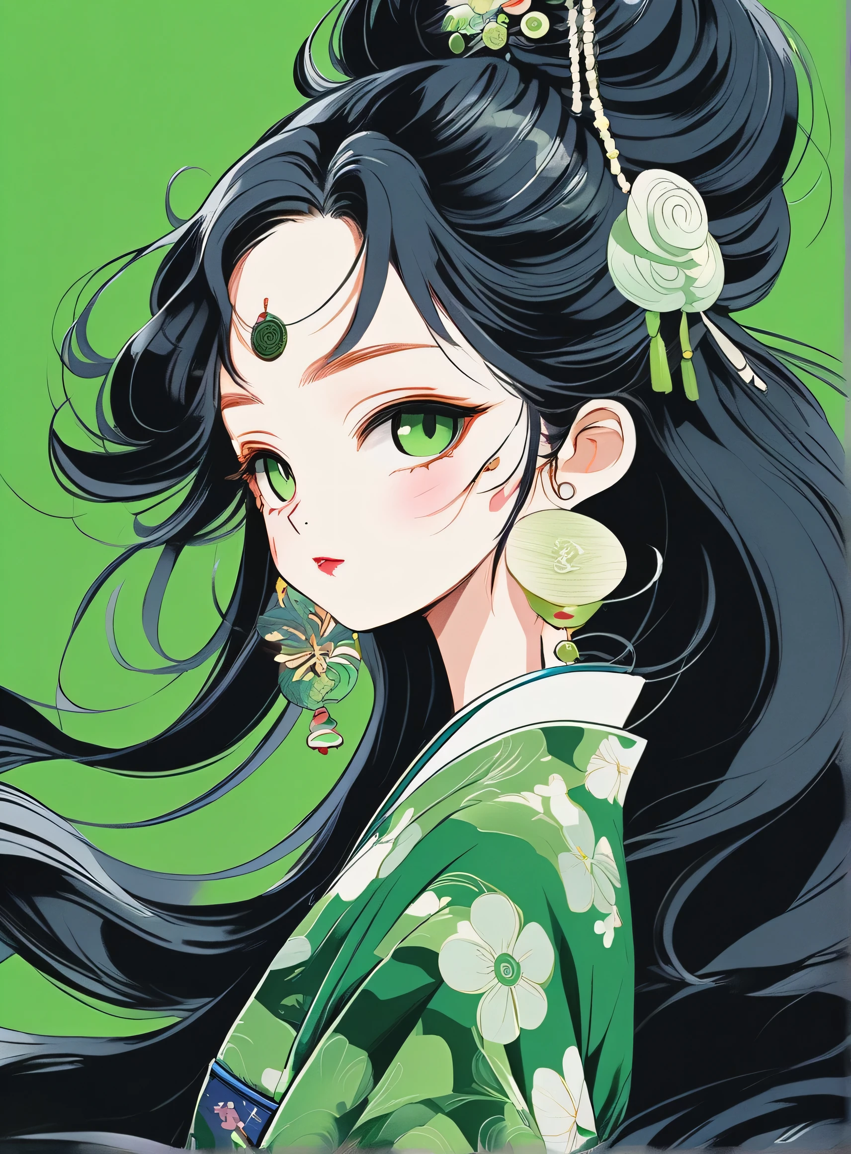 Una ilustración, ella、Mi decoración funky, estilo animado, Alta resolución, 2k, Muy detallado、pelo largo y negro、verde、Ono no Komachi en la Era Reiwa