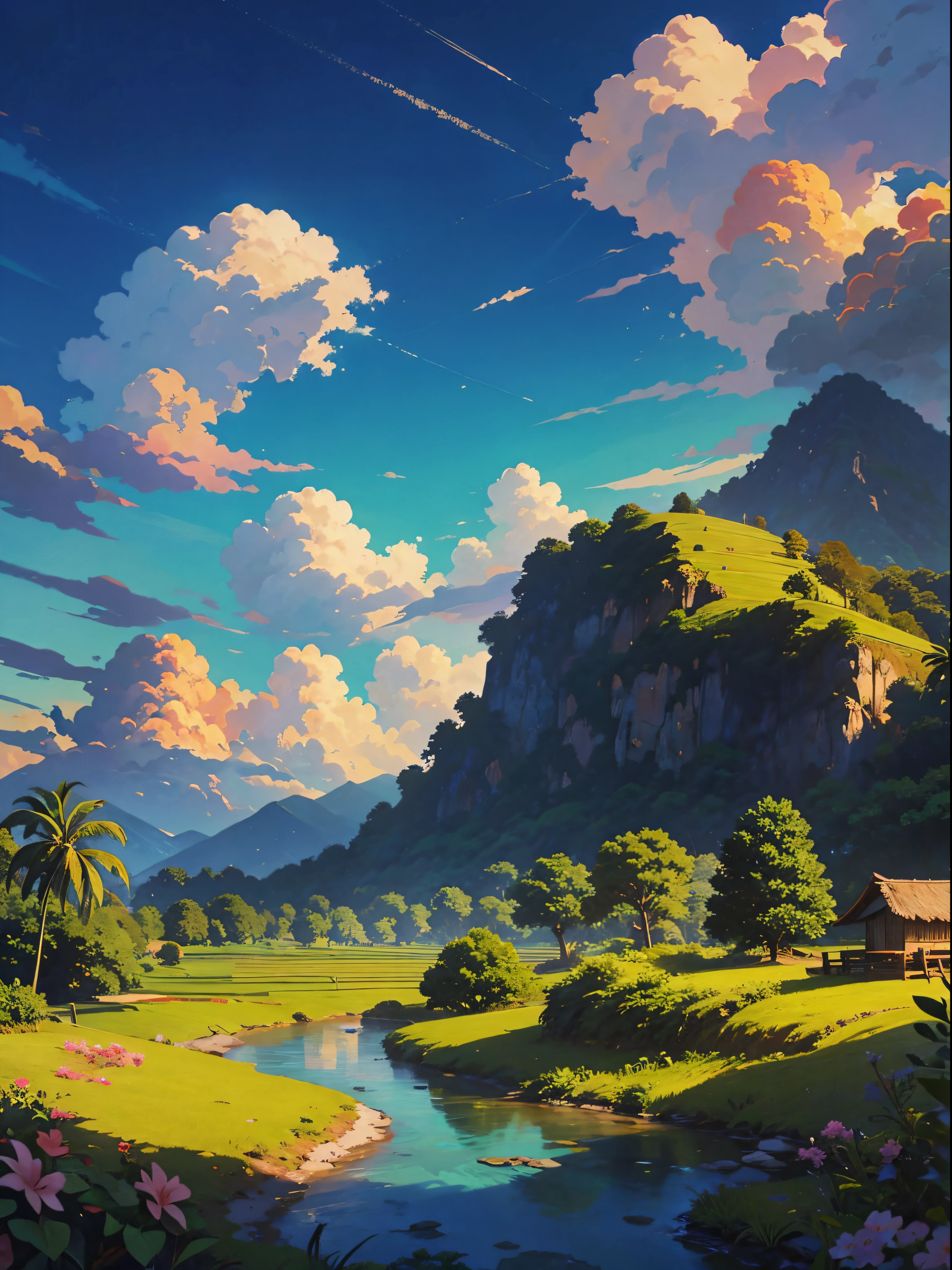 very detailed painting of a rice farm in the distance, estrada da aldeia, pequeno rio rochoso, Coqueiros, beautiful scenery, Tropical paradise, anime interior landscape, Paisagem de anime wallpaper, Sharp contours, Paisagem de anime, beautiful anime scenery, Lindas nuvens fofas. anime, anime scenery, fundo de anime, fundo de anime art, country landscape, anime linda cena de paz, Linda cena de anime, interior, Papel de parede HD, fundo de filme de anime, Papel de parede de alta qualidade, papel de parede de paisagem