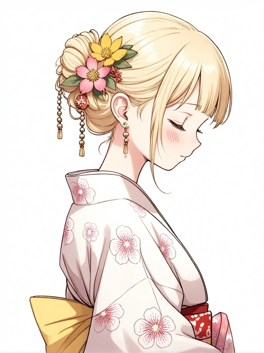 1 Mädchen, Allein, Haarverzierung, Blume, geschlossene Augen, Profil, hair Blume, pink Blume, flechten, Kimono, erröten, Blondes Haar, yellow Blume, Blatt, Ohrringe, Schmuck, japanische kleidung, weißer Hintergrund, Blumenmuster