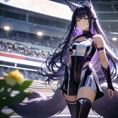 a woman wearing a dark purple queen race outfit, black long socks, leather boots, dark purple hair, long hair, yellow eyes, kits...