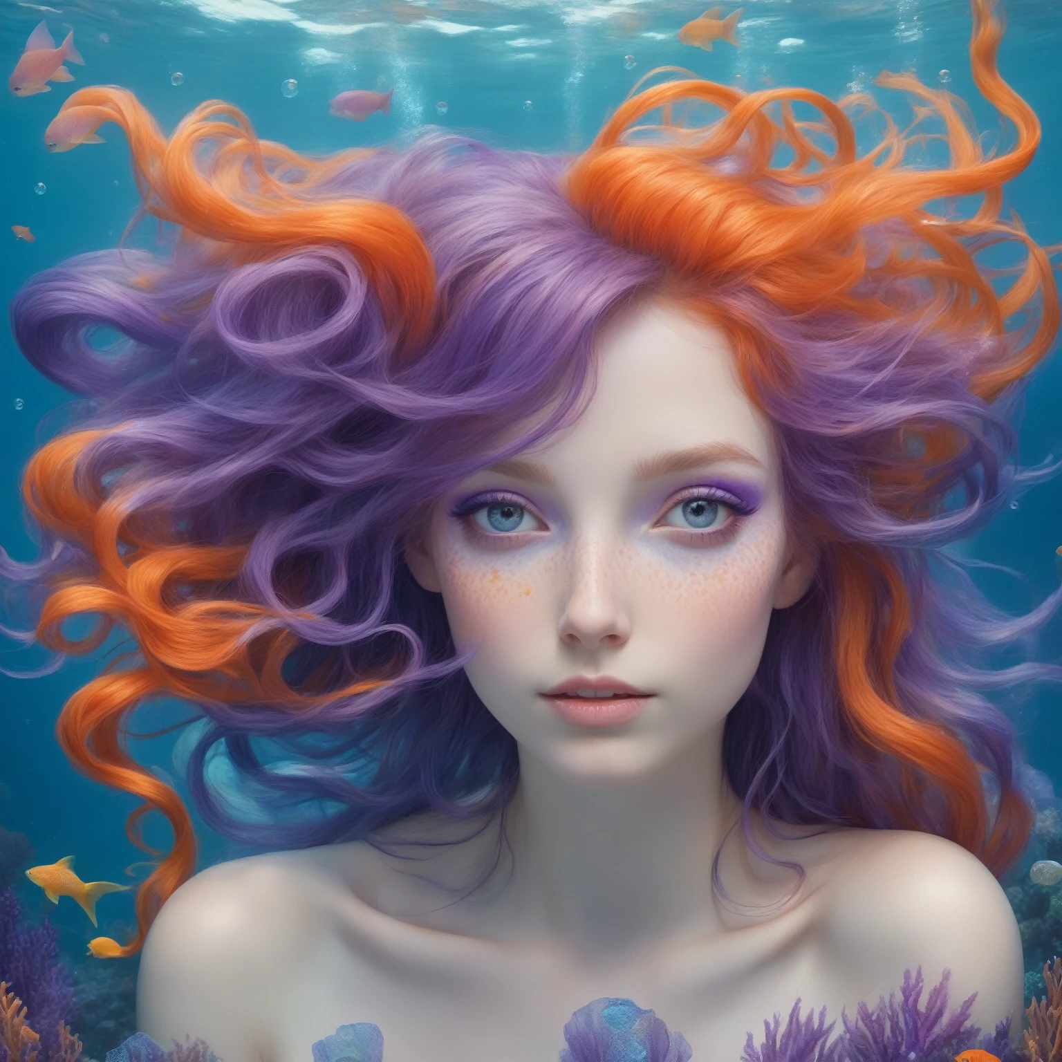 “Front-on portrait of a whimsical, colorful woman who resembles a mermaid. Fair skin, youthful features, wide-open eyes, and delicate freckles on her nose and cheeks. Vibrant, gravity-defying hair in shades of purple, blue, and orange. The hair stands transforms into tendrils or aquatic flora, creating an underwater illusion. Small bubbles floating around the head add to the underwater theme. Overall Effect: Serene otherworldly underwater creature in silent contemplation.
