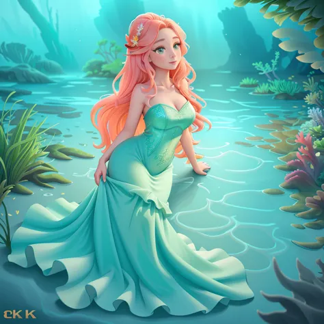 a beautiful mermaid princess, long flowing hair, detailed face and eyes, elegant flowing dress, underwater scene, coral reef, se...