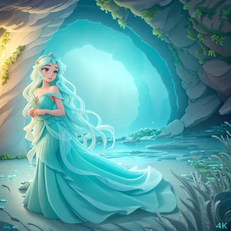 a beautiful mermaid princess, long flowing hair, detailed face and eyes, elegant flowing dress, underwater scene, coral reef, se...