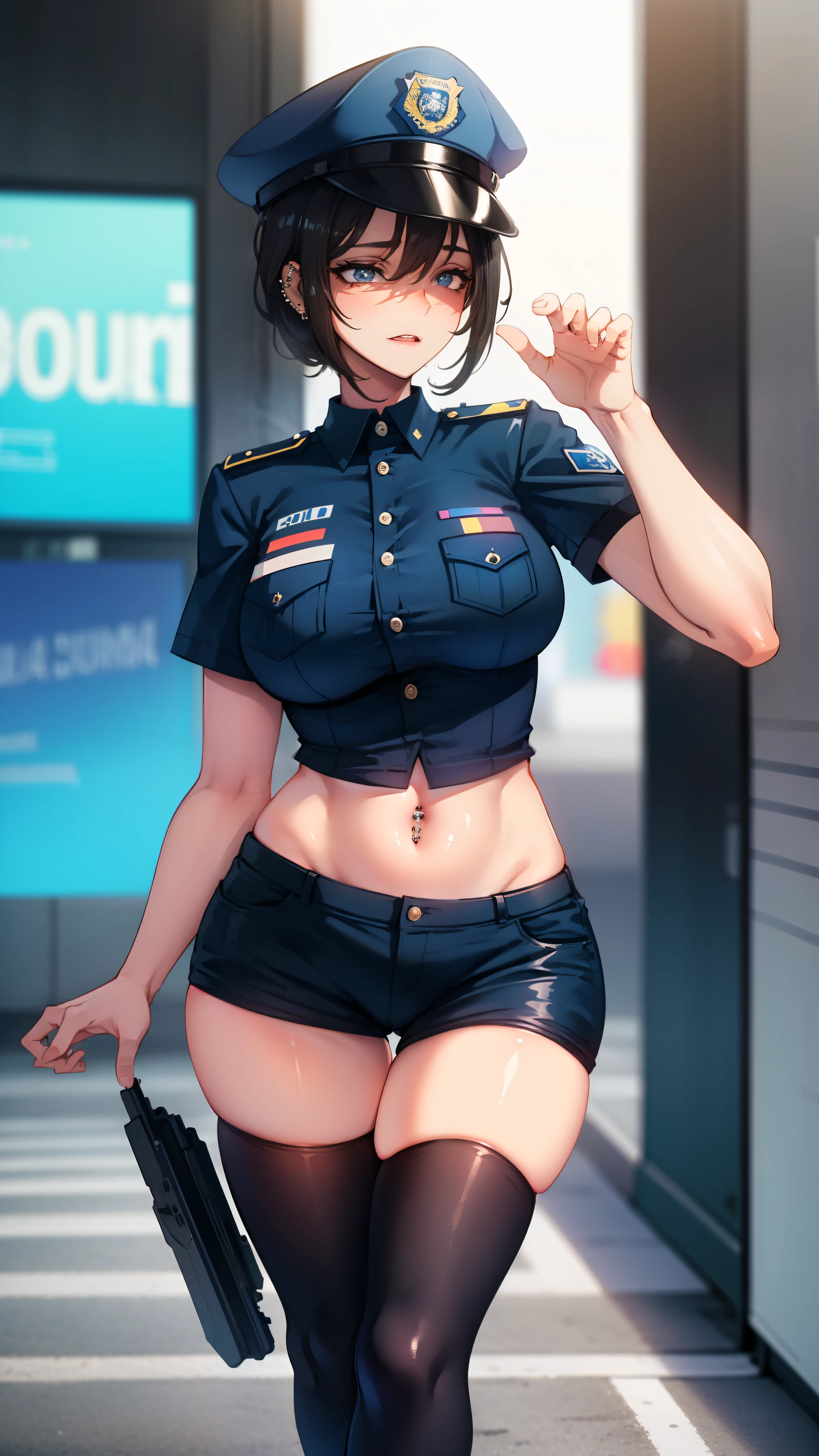 A เซ็กซี่ police girl named Emma, ยืนอยู่บนถนน, สวมชุดตำรวจ, เซ็กซี่ police girl on road, เซ็กซี่, สาวสวย, หน้าตาน่ารัก, หน้าสวย, สวมเครื่องแบบตำรวจอเมริกัน, หน้าอกใหญ่, เหมือนจริง, เหมือนจริงค, คุณภาพสูง, 4เค, ใบหน้าที่มีรายละเอียด, ultra เหมือนจริง, คุณภาพสูง: 1.9, ดวงตาที่ดี, โพสท่าอย่างมีสไตล์, เซ็กซี่ pose, รูปถ่าย, รูปถ่าย, ((การเจาะสะดือ))