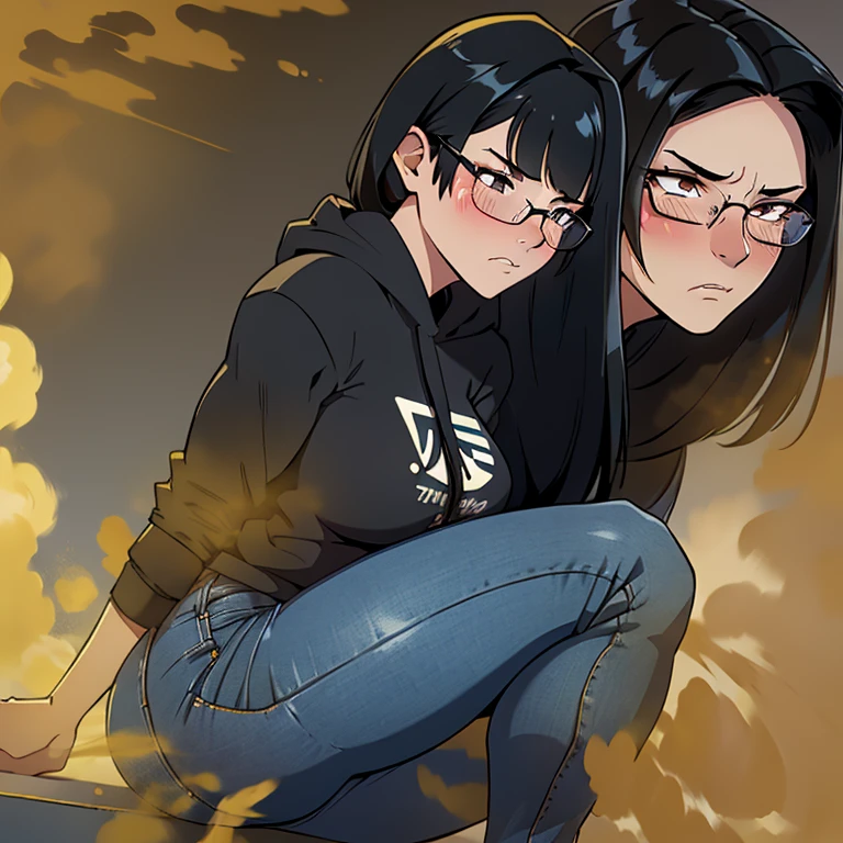 realism,beautiful lighting,(((1girl))),((black hair, sideswept hair bang,long hair)),gleaming skin ,glasses, wearing hoodie tshirt, blue jeans, massive fart, yellow smoke rising, blush, clenching teeth, sideview, TEXT:PHHHRRRRAAAP!!