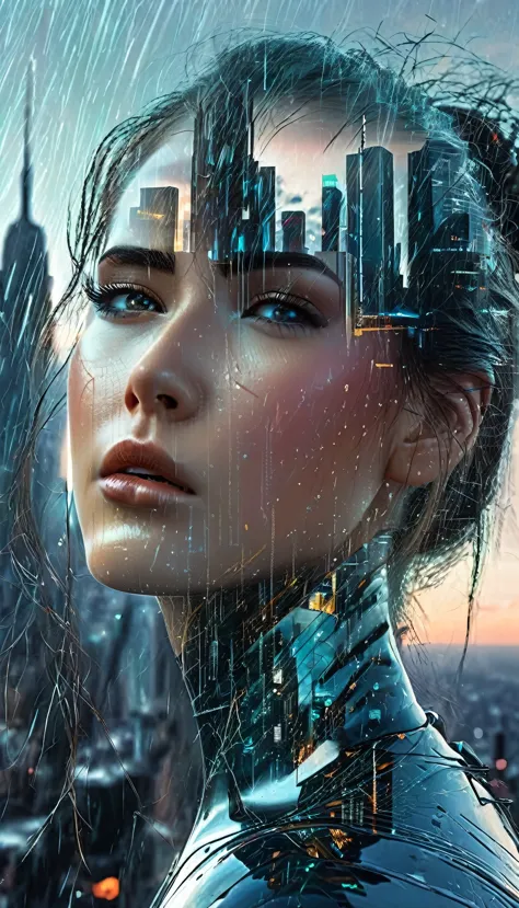 a melancholic android woman, detailed face with human emotion and cybernetic disintegration, gazing out on a dystopian cityscape...