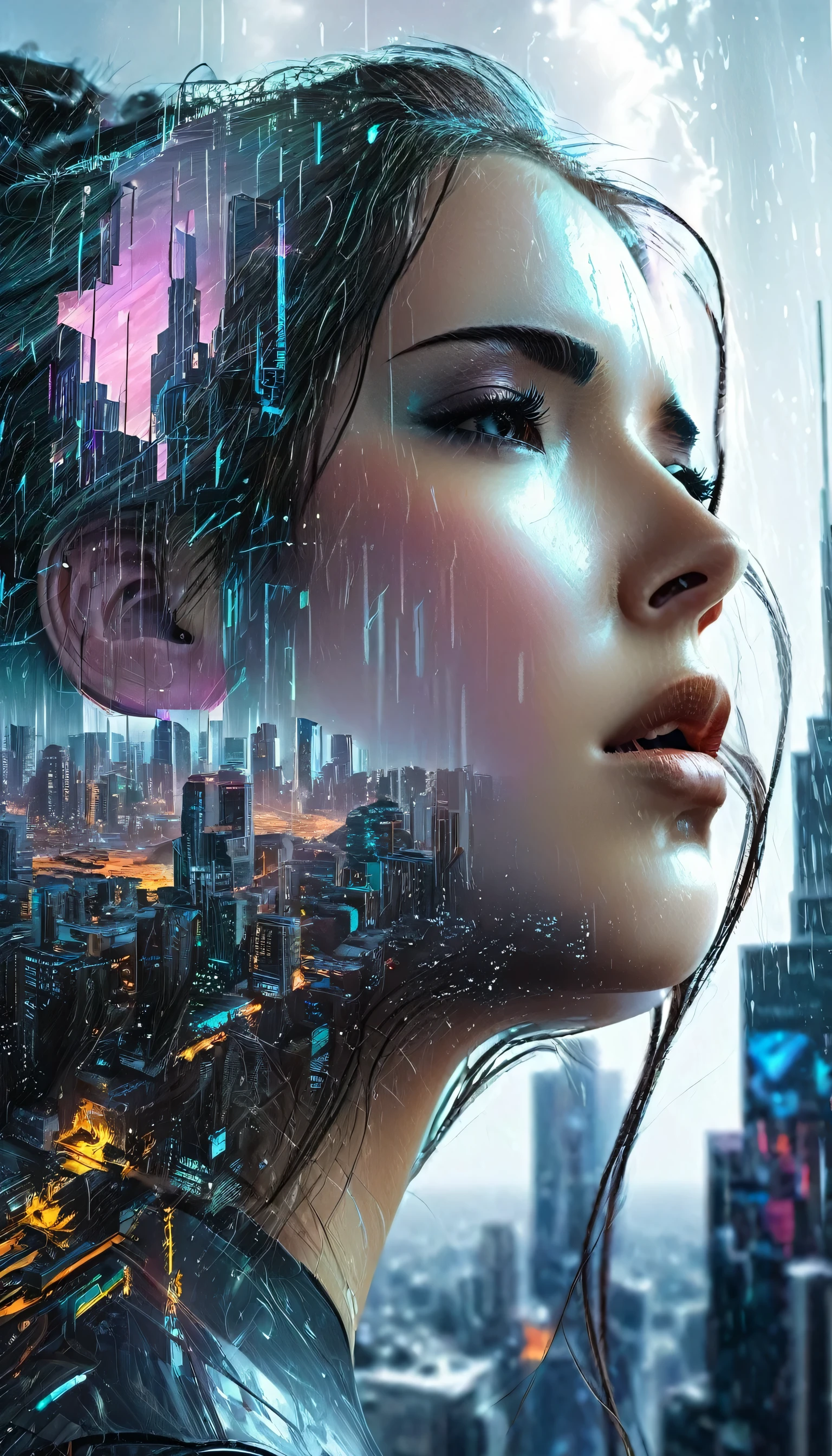 a melancholic android woman, detailed face with human emotion and cybernetic disintegration, gazing out on a dystopian cityscape, tears streaming down cheeks like digital rain, neon lights of the metropolis seeping into her being, blurring lines between reality and virtual reality, skyscrapers and towering spires etched onto her face, double exposure of flesh and steel pulsing with a life of its own, hyper realistic, cinematic lighting, dramatic, muted color palette, moody, atmospheric, intricate details, artstation, by artgerm and greg rutkowski