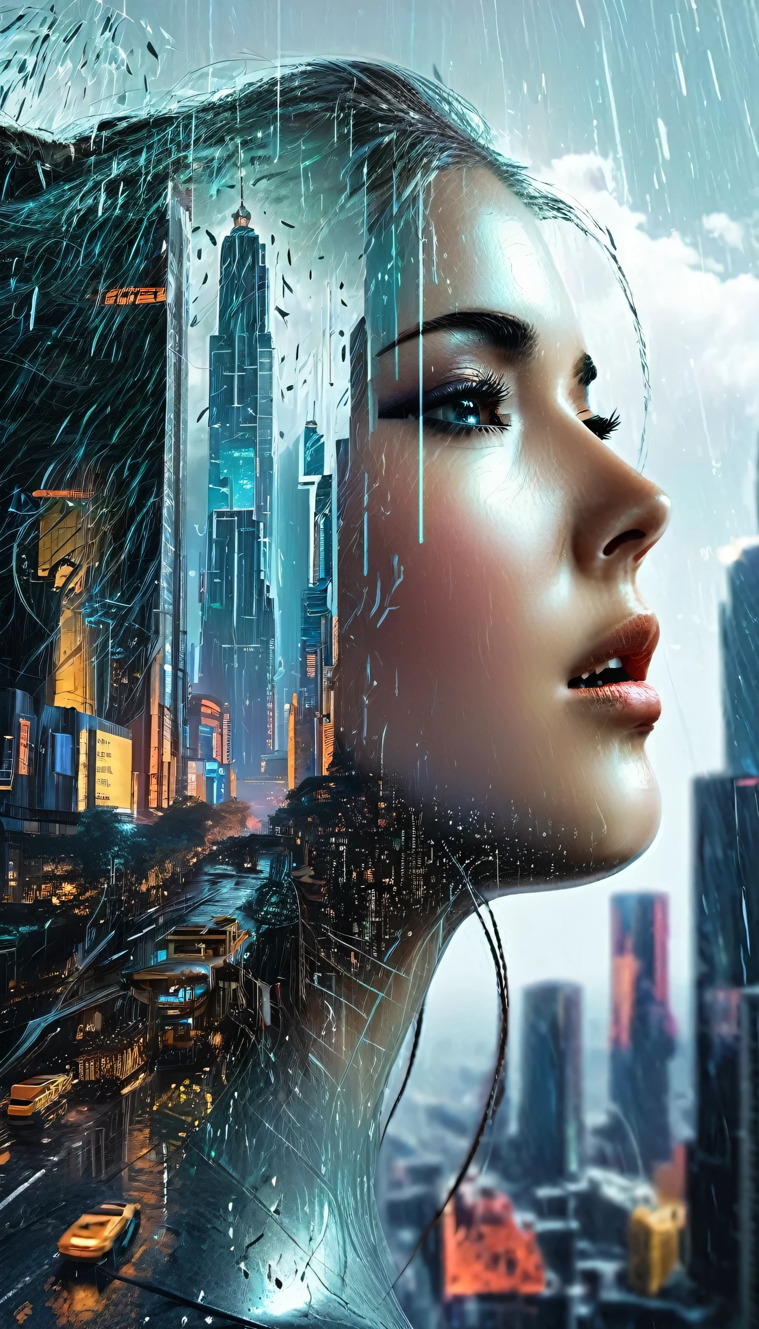 a melancholic android woman, detailed face with human emotion and cybernetic disintegration, gazing out on a dystopian cityscape, tears streaming down cheeks like digital rain, neon lights of the metropolis seeping into her being, blurring lines between reality and virtual reality, skyscrapers and towering spires etched onto her face, double exposure of flesh and steel pulsing with a life of its own, hyper realistic, cinematic lighting, dramatic, muted color palette, moody, atmospheric, intricate details, artstation, by artgerm and greg rutkowski