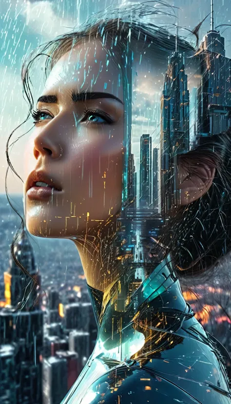 a melancholic android woman, detailed face with human emotion and cybernetic disintegration, gazing out on a dystopian cityscape...