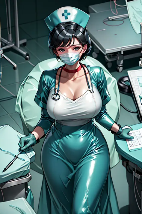 nurse uniform,hospital, latex nurse suit,nurses,busty,elbow gloves,labcoat,black hair woman,red eyes , gigantic ,medical instrum...