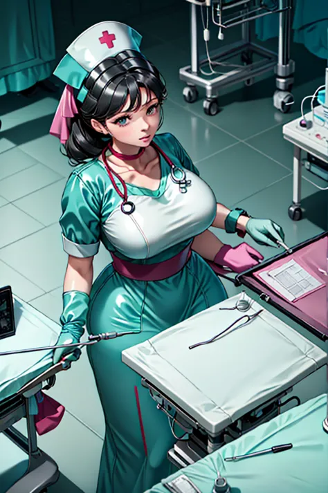 nurse uniform,hospital, latex nurse suit,nurses,busty,elbow gloves,labcoat,black hair woman,red eyes , gigantic ,medical instrum...