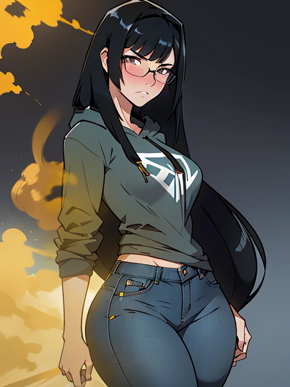 realism,beautiful lighting,(((1girl))),((black hair, sideswept hair bang,long hair)), tall body ,glasses, hoodie tshirt, blue jeans, massive fart, yellow smoke, velocity blush, clenching teeth, gritting teeth