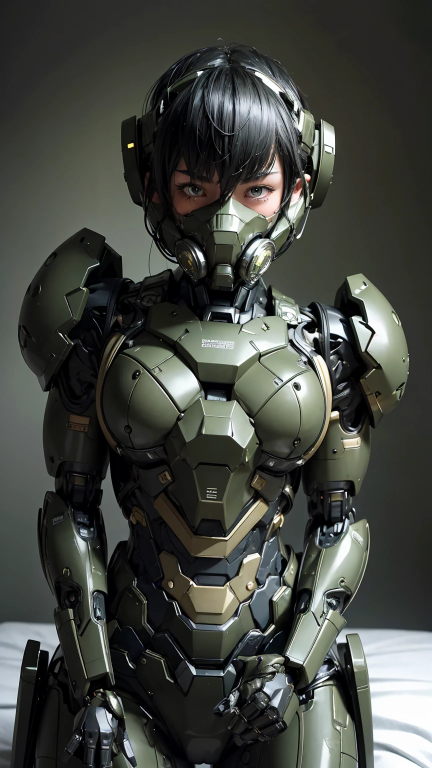 最high quality非常に詳細, Advanced Details, high quality, 最high quality, High resolution, 1080p, hard disk, beautiful,(War Machine),(Snug-fitting headgear),See the big picture,beautifulサイボーグ女性,Dark Green Mecha Cyborg Girl,Battle Mode,Mecha Body Girl　8k dark green body armor　Elementary school girl　Sweaty face　Droopy eyes　short hair　Gas mask with extension nozzle　boyish　Steam coming out of my head　My hair is wet with sweat　Black Hair, Steam coming out of the mouth　Lying on the bed with no exposed skin　