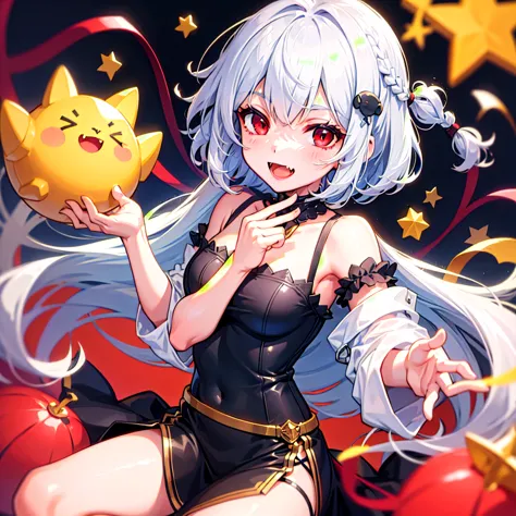 , highest quality , one girl, sirius al,short hair,red eyes,gray hair ,smile , lively , open your mouth , fang teeth  , colorful...