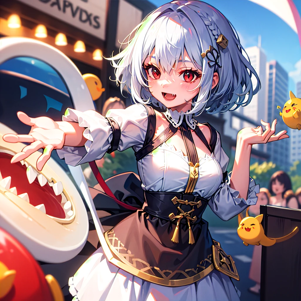 , highest quality , One girl, Sirius Al,short hair,Red eyes,Gray Hair ,smile , Lively , Open your mouth , Fang teeth  , Colorful hair , Braid , hair ornaments