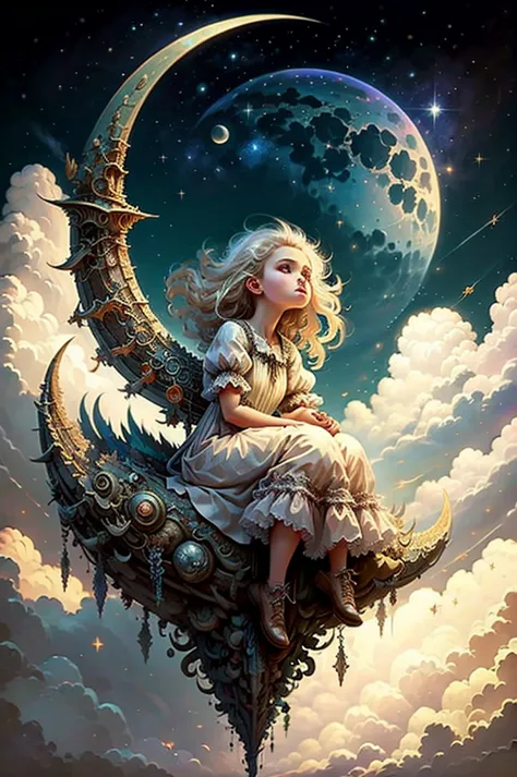 (girl), charm, white short dress, dragon, cute, (sitting moon), moon, performer, cloud, masterpiece, highest quality,  (masterpi...