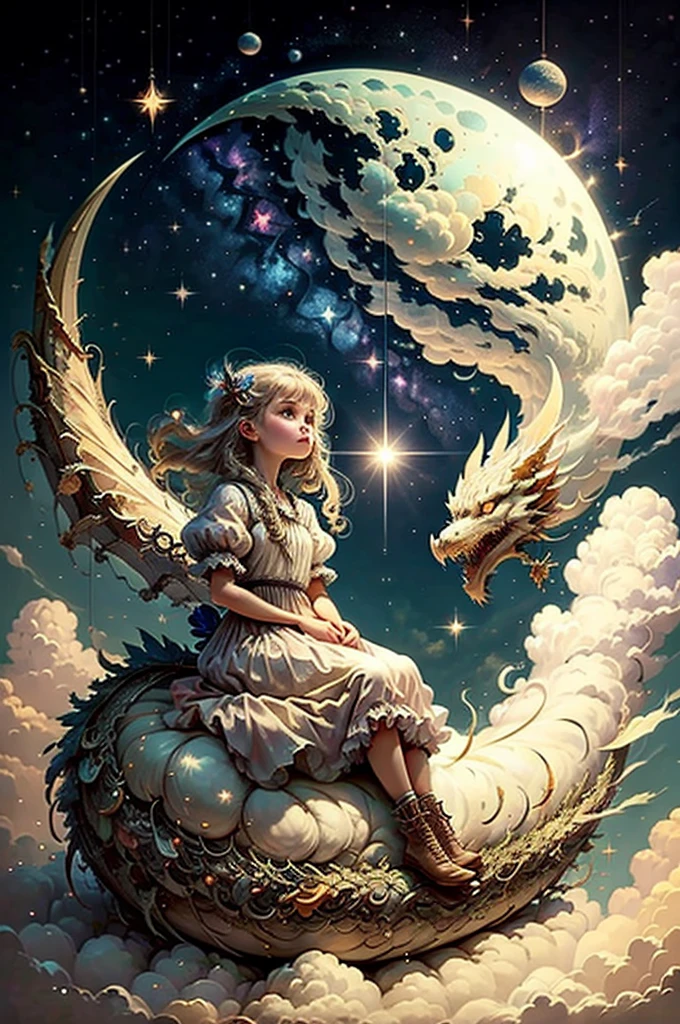 (Girl), Charm, White short dress, Dragon, cute, (sitting moon), moon, performer, cloud, masterpiece, highest quality,  (masterpiece,highest quality:1.5)