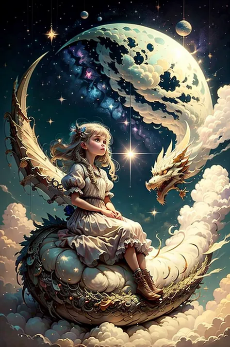 (girl), charm, white short dress, dragon, cute, (sitting moon), moon, performer, cloud, masterpiece, highest quality,  (masterpi...