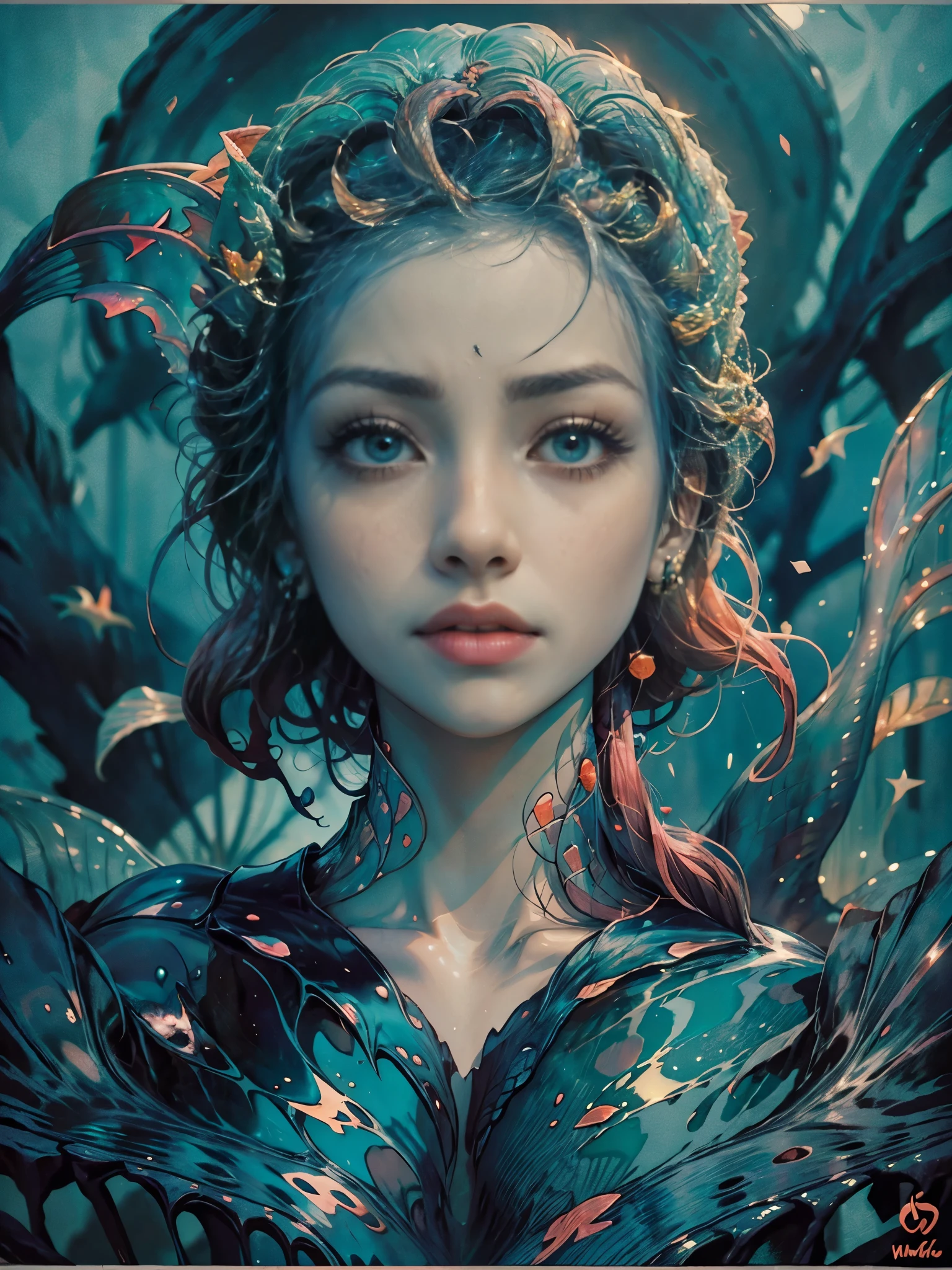 (A young and extremely beautiful mermaid:1.9)、Waterfall climbing、(Ukiyo-e:1.2)、woodblock print、otherscape、elegant、(highest quality、4k、8k、High resolution、masterpiece:1.2)、Super detailed、(Realistic、Realistic、Photorealistic:1.37)、Intricate details、Beautiful detailed eyes、Beautiful detailed lips、Highly detailed face、Long eyelashes、Flowing Hair、Graceful pose、Dramatic lighting、Warm color palette、looking at the camera、mynatalee woman