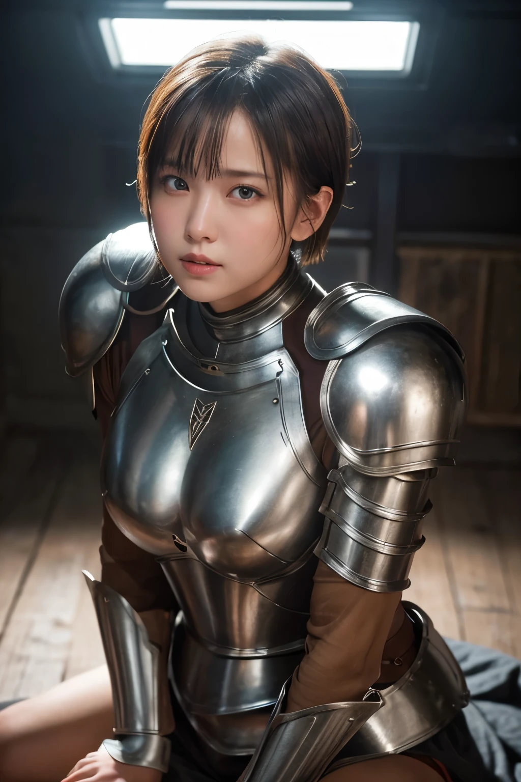 highest quality, masterpiece, Ultra-high resolution, (Reality: 1.4), Original photo, 1 woman, mature, short hair, plump body, , Cinema Lighting, from below,Medieval warrior、Armor with an open chest、(all fours)、Aroused expression