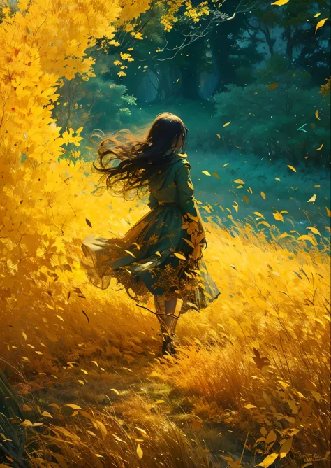 a girl walking through a field, blowing boiling swirling wind, plowing leaves of grass, in the style of ethereal trees, dark yel...