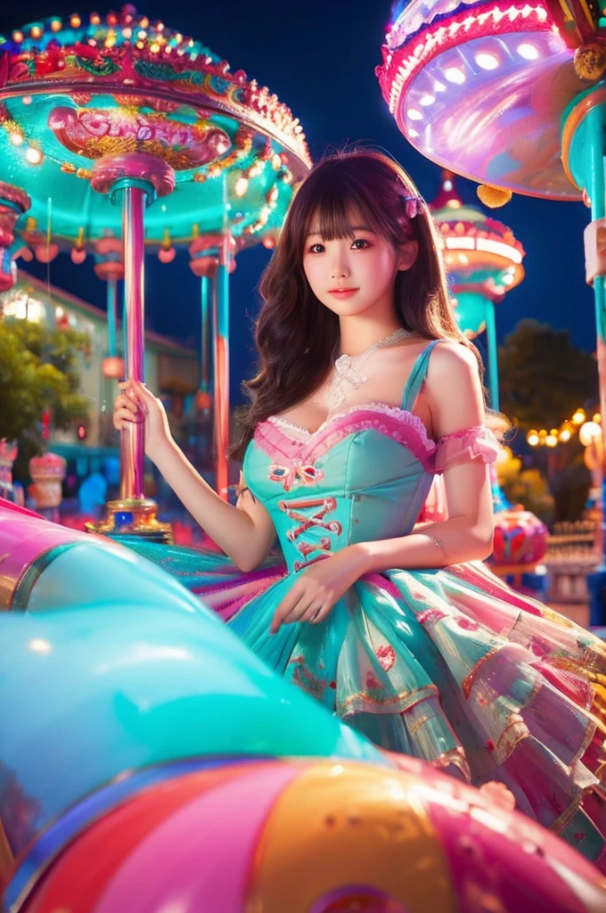 best quality, 8k, highly detailed face and skin texture, high resolution, big tits japanese girl in colorfull dress stand in front of merry go round at night, under the light, full body, sharp focus