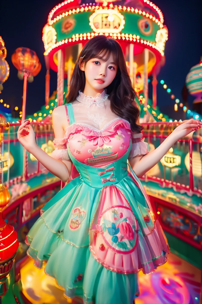 best quality, 8k, highly detailed face and skin texture, high resolution, big  korean girl in colorfull dress stand in front of merry go round at night, under the light, full body, sharp focus