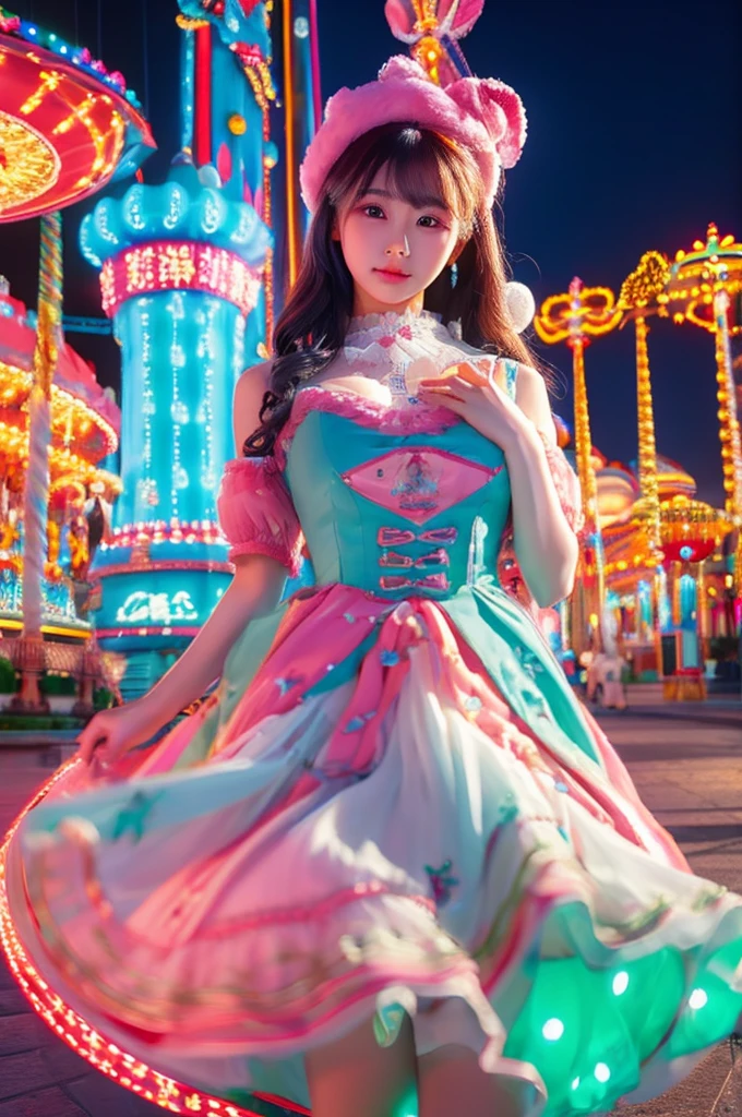 best quality, 8k, highly detailed face and skin texture, high resolution, big tits korean girl in colorfull dress stand in front of merry go round at night, under the light, full body, sharp focus