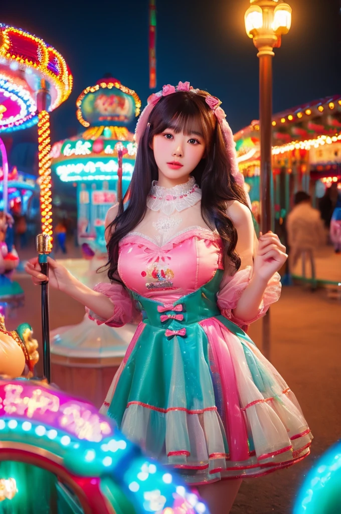 best quality, 8k, highly detailed face and skin texture, high resolution, big tits korean girl in colorfull dress stand in front of merry go round at night, under the light, full body, sharp focus